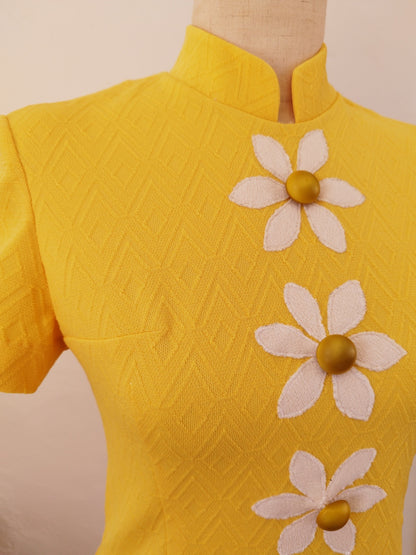 Bright Yellow Mini Vintage Dress with White Flowers and Decorative Buttons