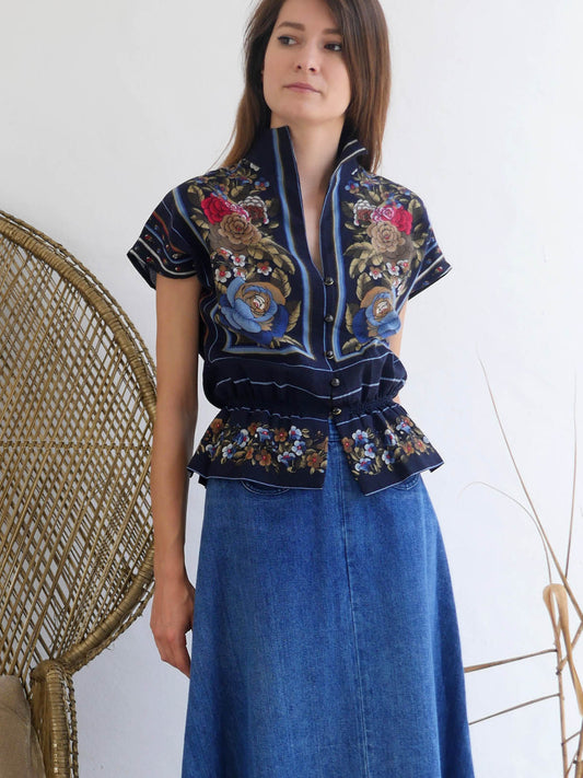 D. Molho 70s Dark Blue Short Sleeve Blouse with Floral Print