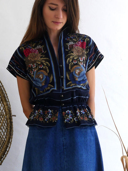 D. Molho 70s Dark Blue Short Sleeve Blouse with Floral Print