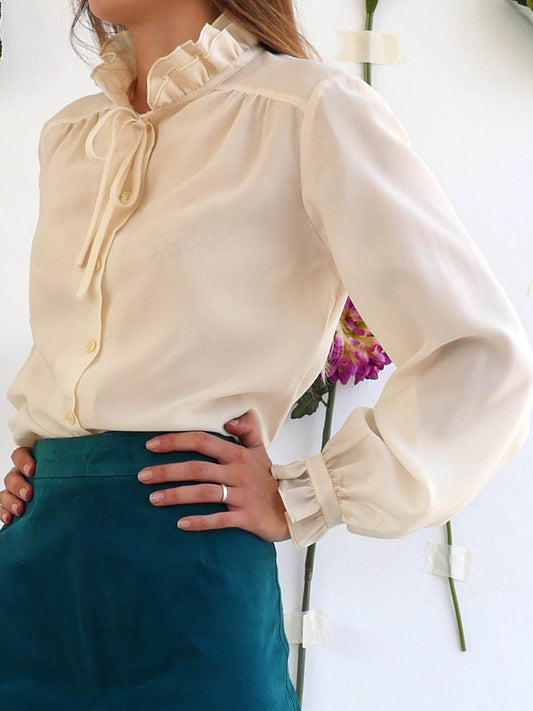 Off-White Vintage Blouse with Long Sleeves and Ruffles