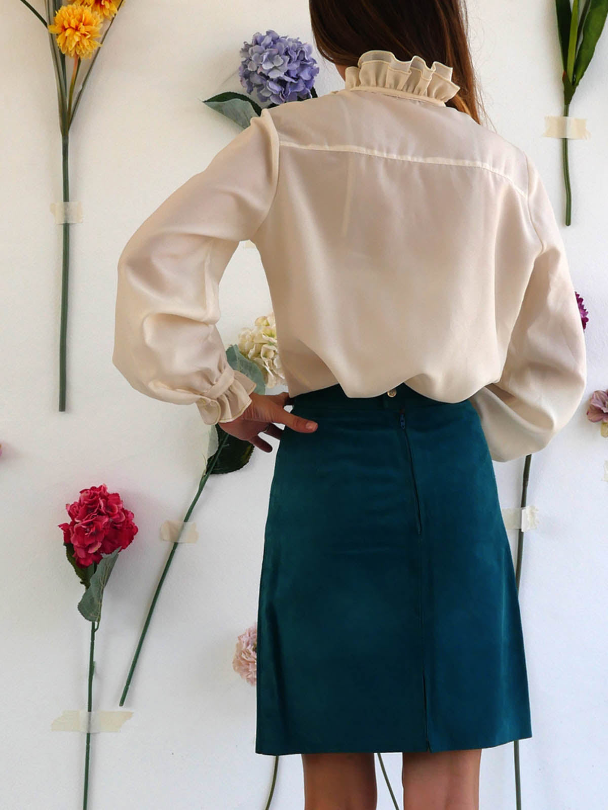 Off-White Vintage Blouse with Long Sleeves and Ruffles