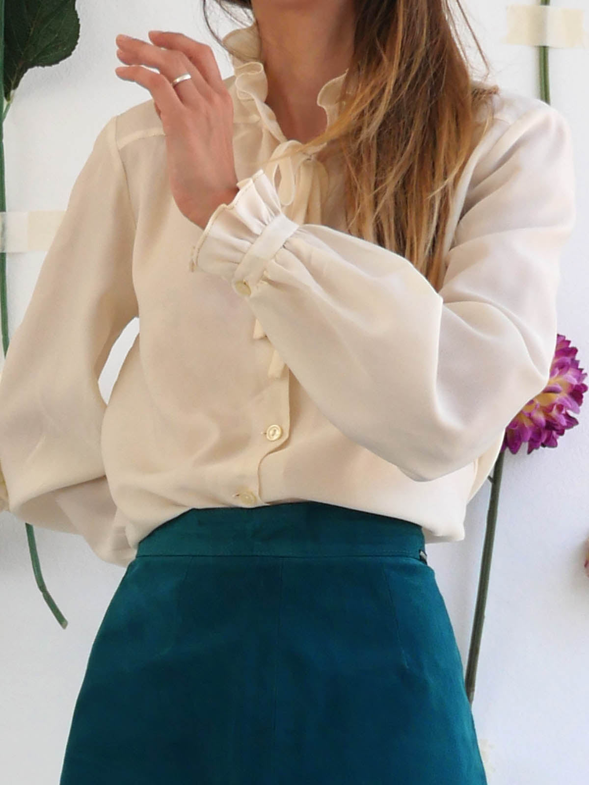 Off-White Vintage Blouse with Long Sleeves and Ruffles