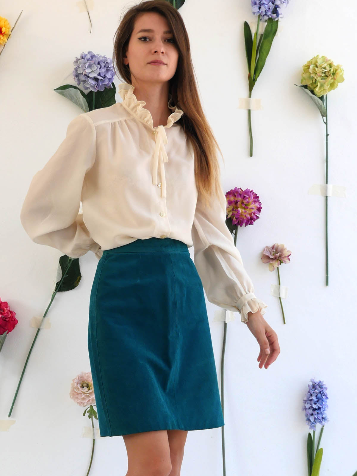 Off-White Vintage Blouse with Long Sleeves and Ruffles