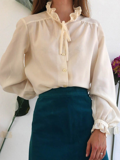 Off-White Vintage Blouse with Long Sleeves and Ruffles