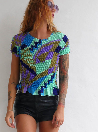 90s Vintage Pastel Colored Abstract Popcorn Top