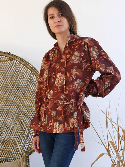 Brown Vintage Blouse with Floral Print and Belt