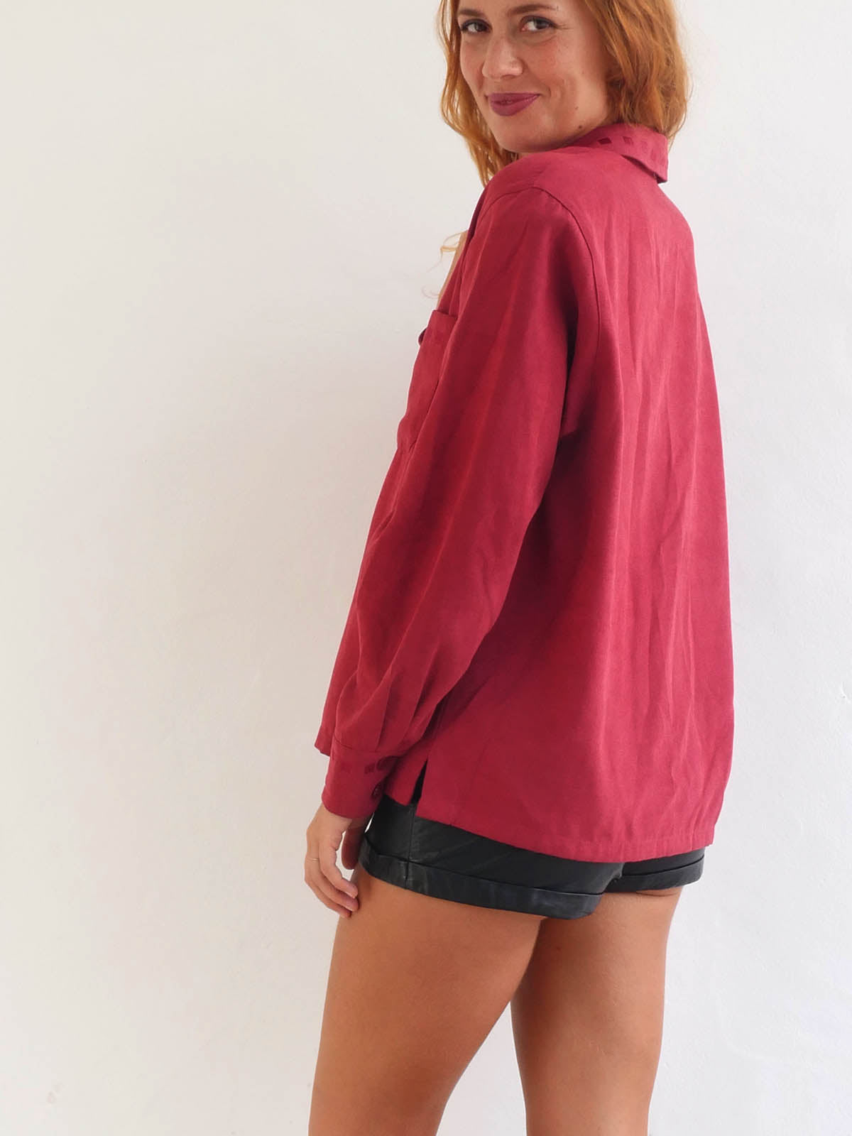 Faux Suede Long Shirt in Dark Red