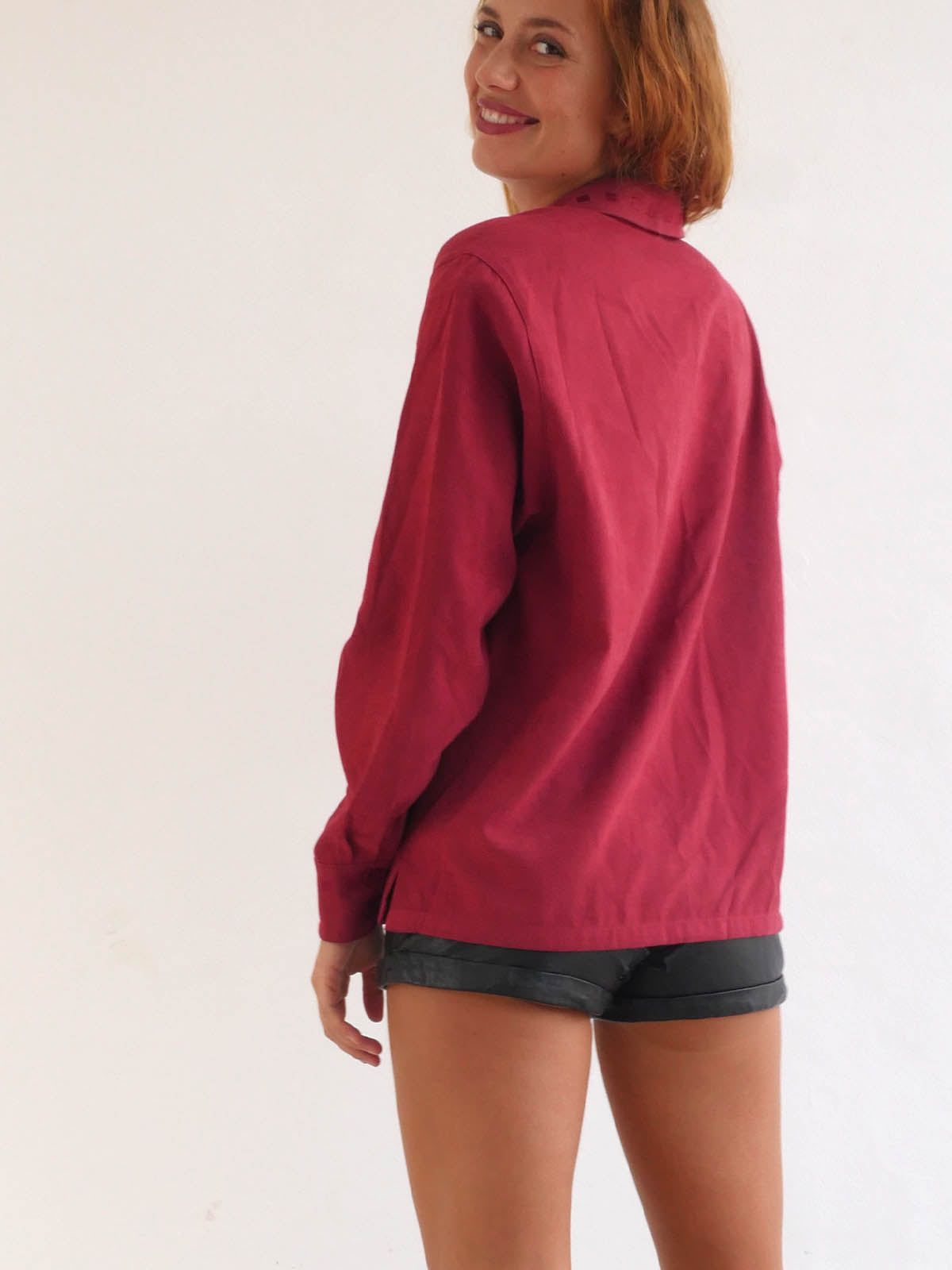 Faux Suede Long Shirt in Dark Red