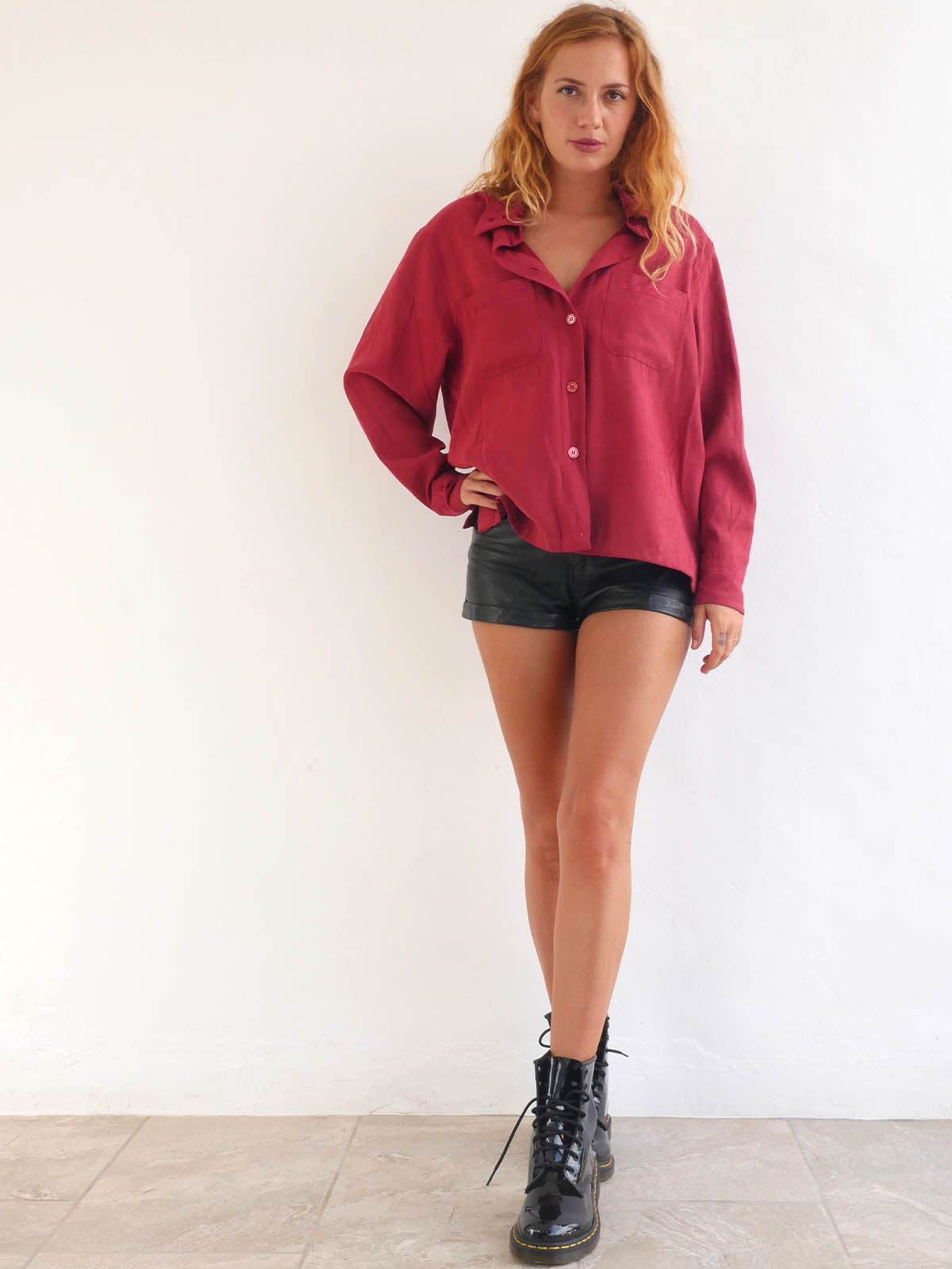 Faux Suede Long Shirt in Dark Red