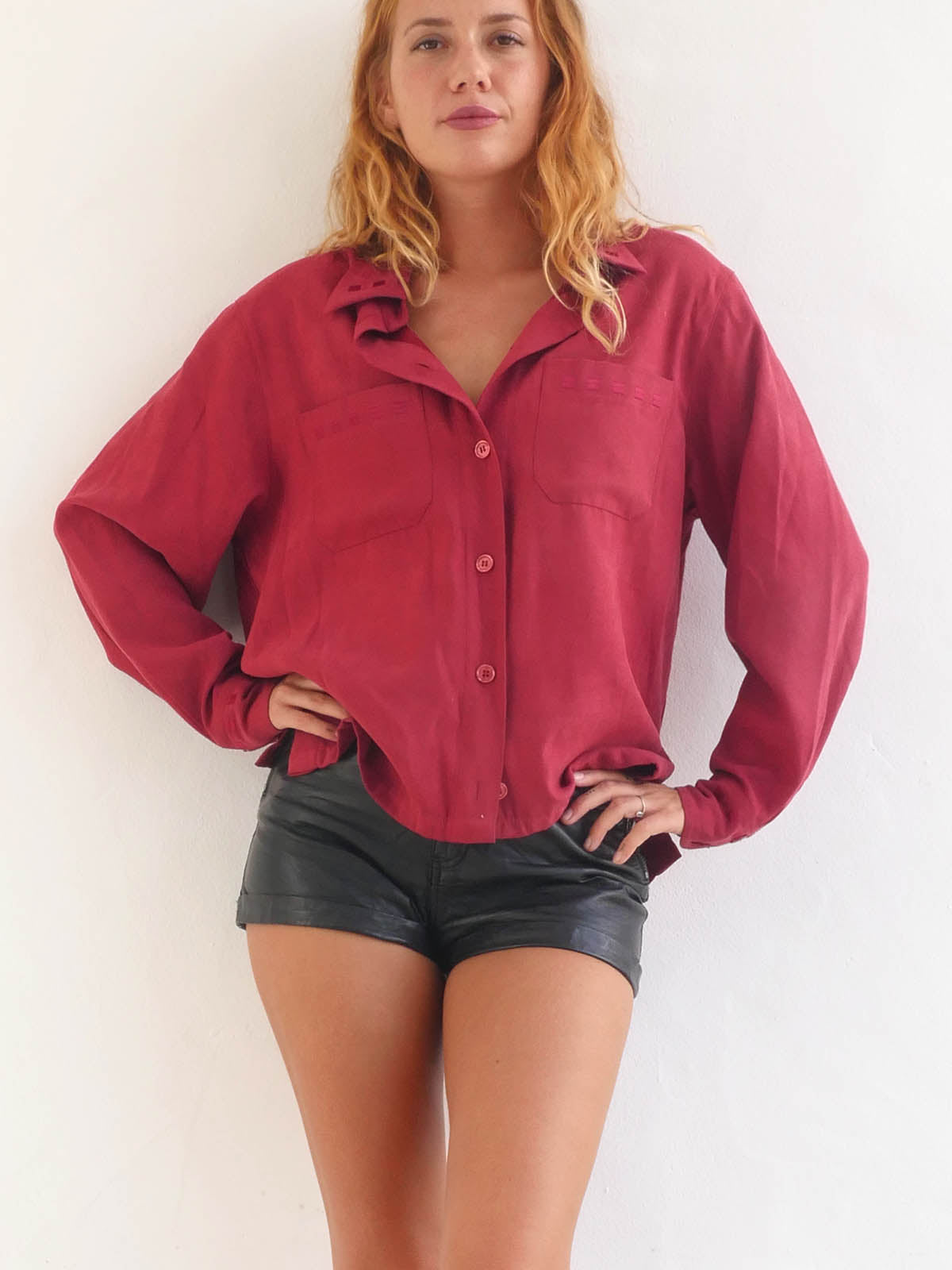 Faux Suede Long Shirt in Dark Red