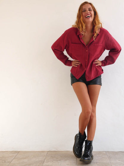 Faux Suede Long Shirt in Dark Red