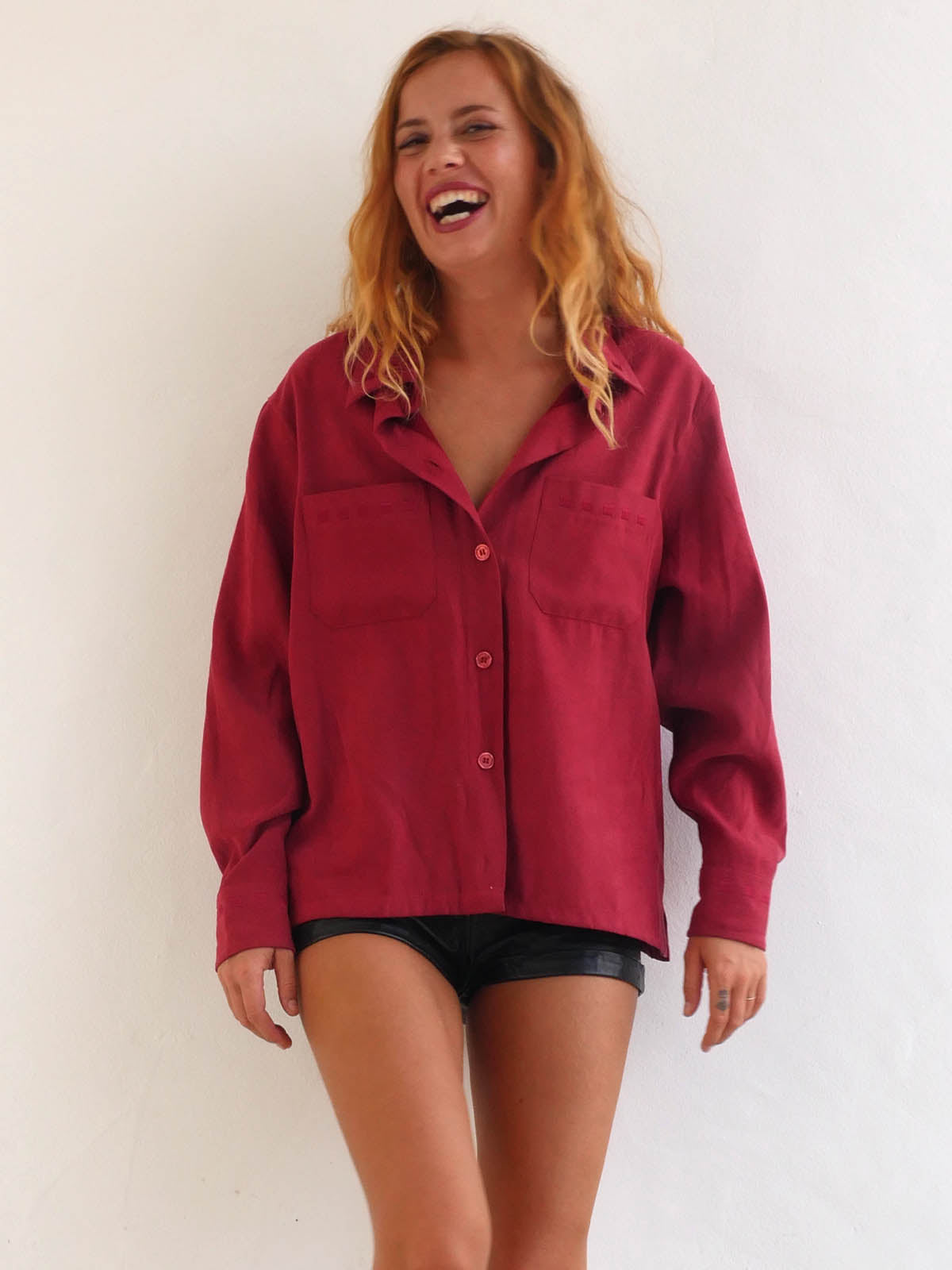 Faux Suede Long Shirt in Dark Red