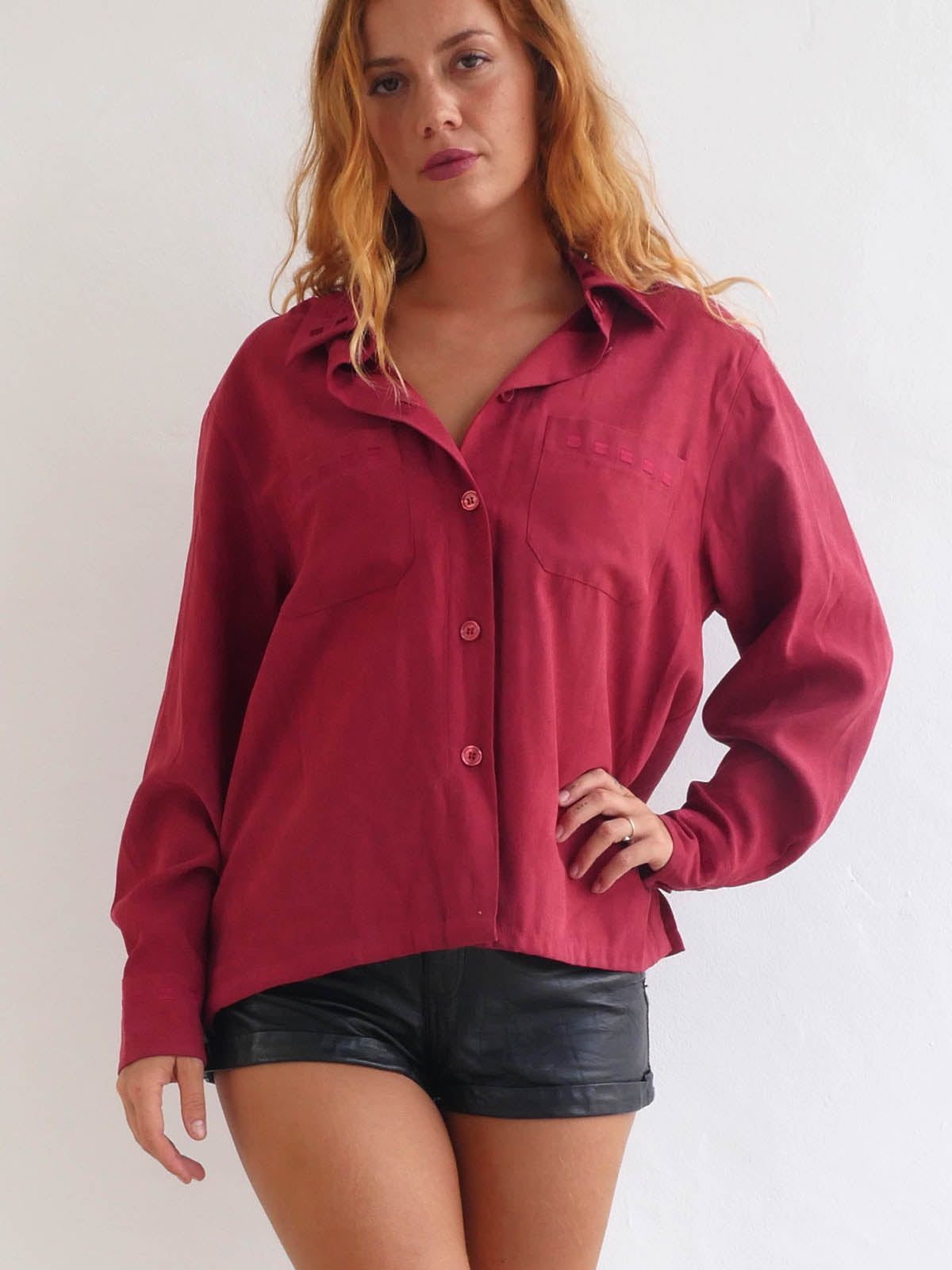 Faux Suede Long Shirt in Dark Red