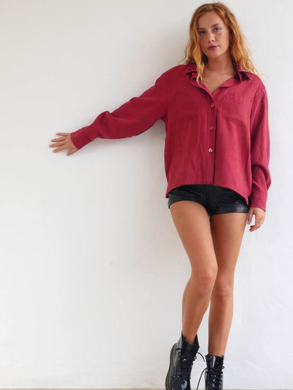 Faux Suede Long Shirt in Dark Red