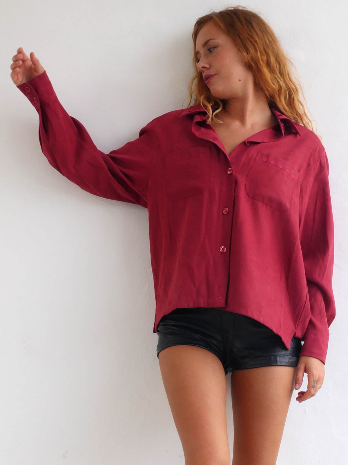 Faux Suede Long Shirt in Dark Red