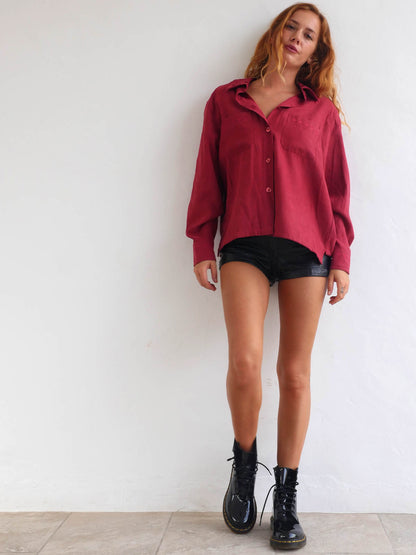 Faux Suede Long Shirt in Dark Red