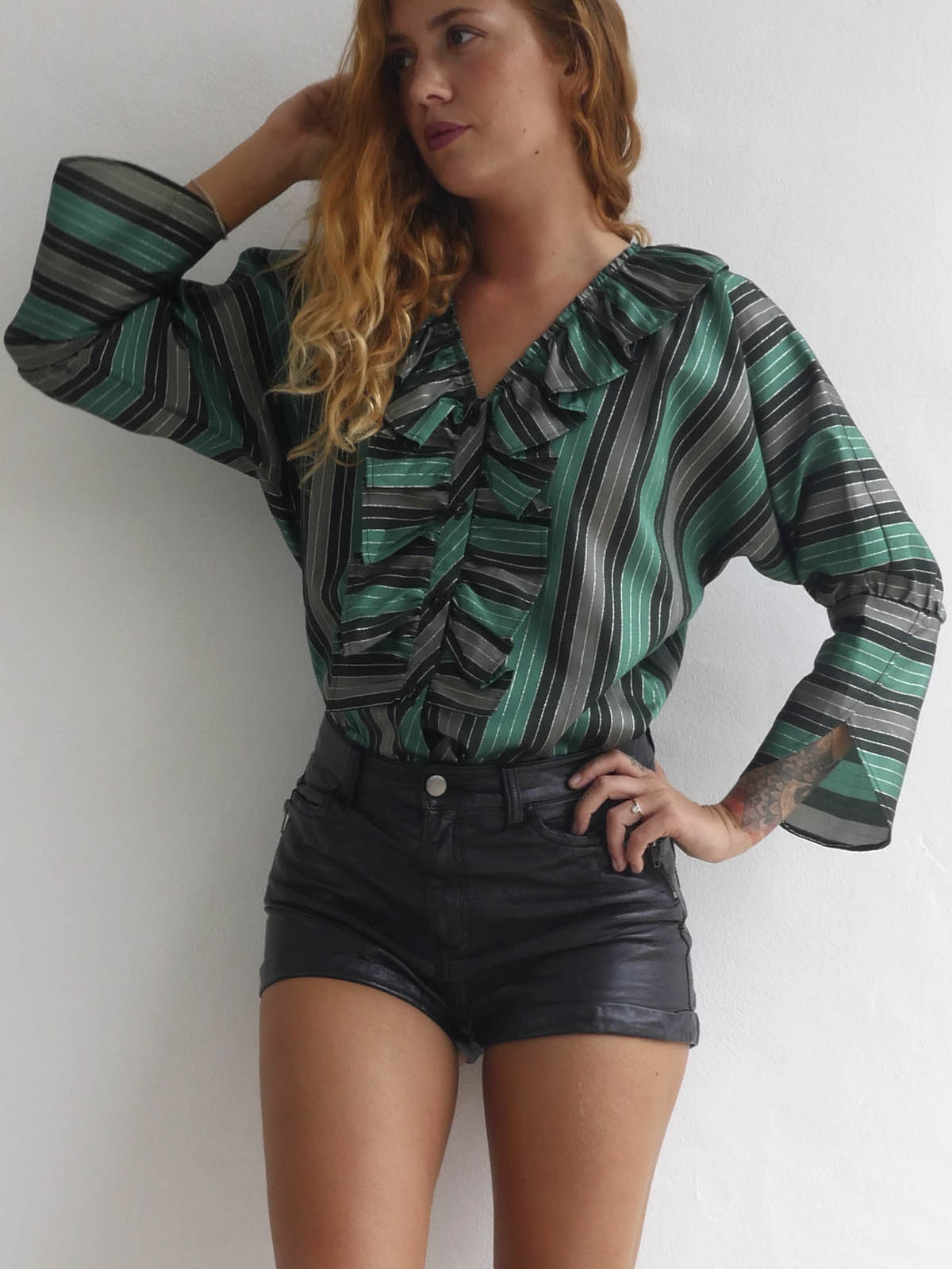 Shiny Green and Grey Striped Occasion Blouse with Front Ruffle