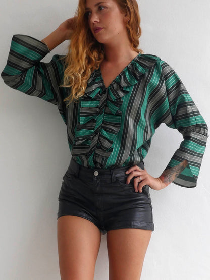 Shiny Green and Grey Striped Occasion Blouse with Front Ruffle