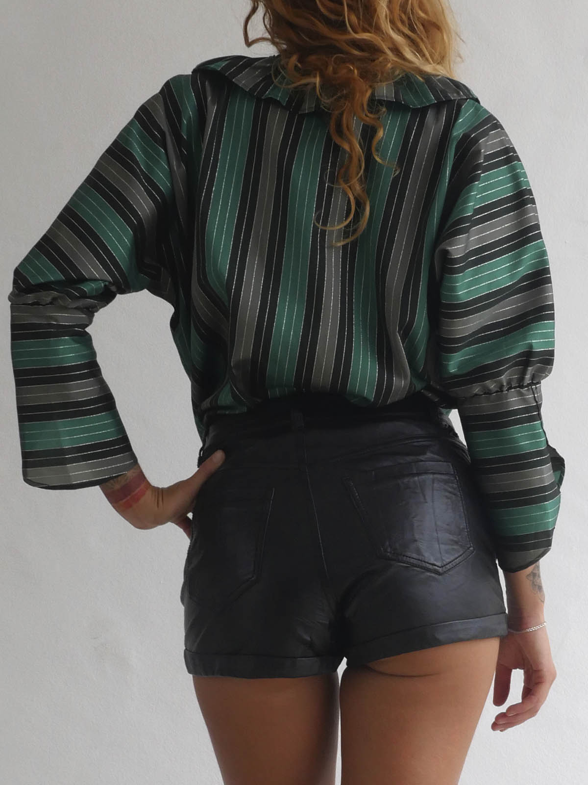 Back of Shiny Green Striped Party Blouse with Front Ruffle