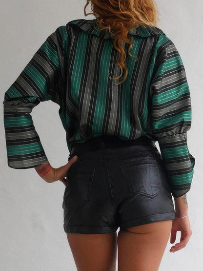 Back of Shiny Green Striped Party Blouse with Front Ruffle