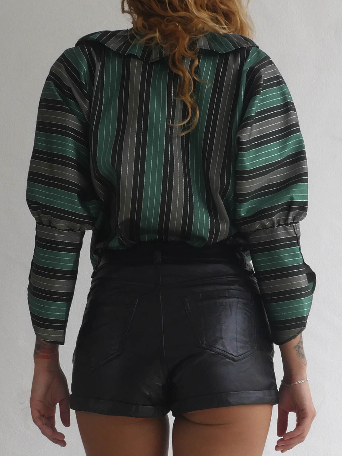 Back of Shiny Green Striped Party Blouse with Front Ruffle