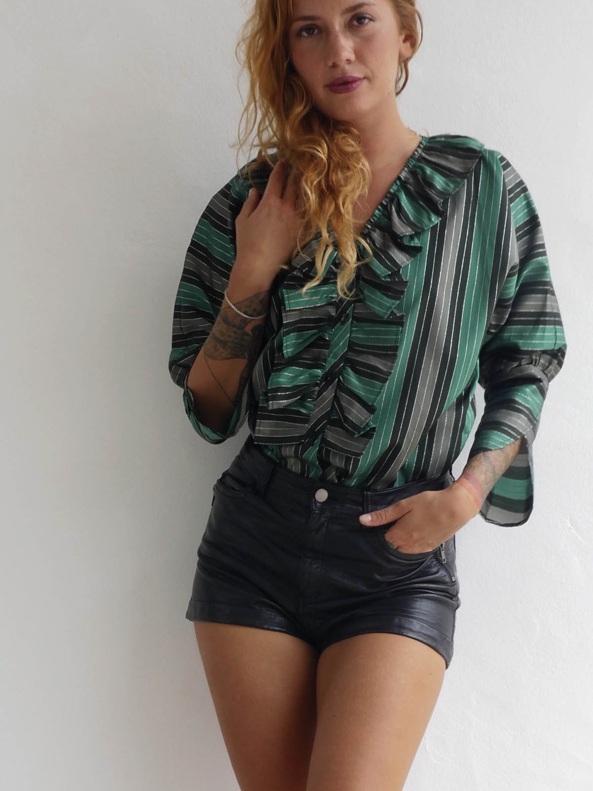 Shiny Green and Grey Striped Occasion Blouse with Front Ruffle