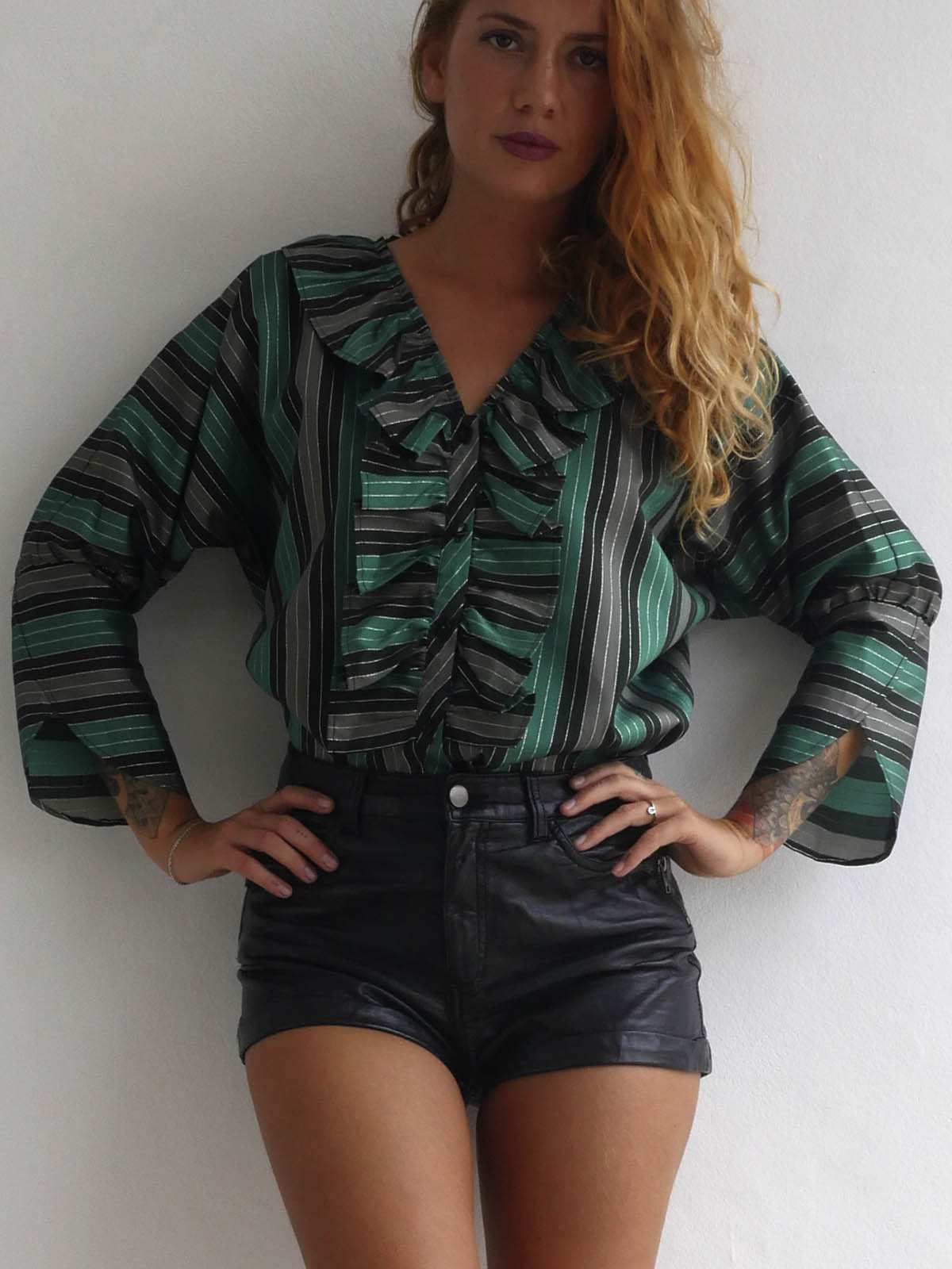 Shiny Green and Grey Striped Occasion Blouse with Front Ruffle