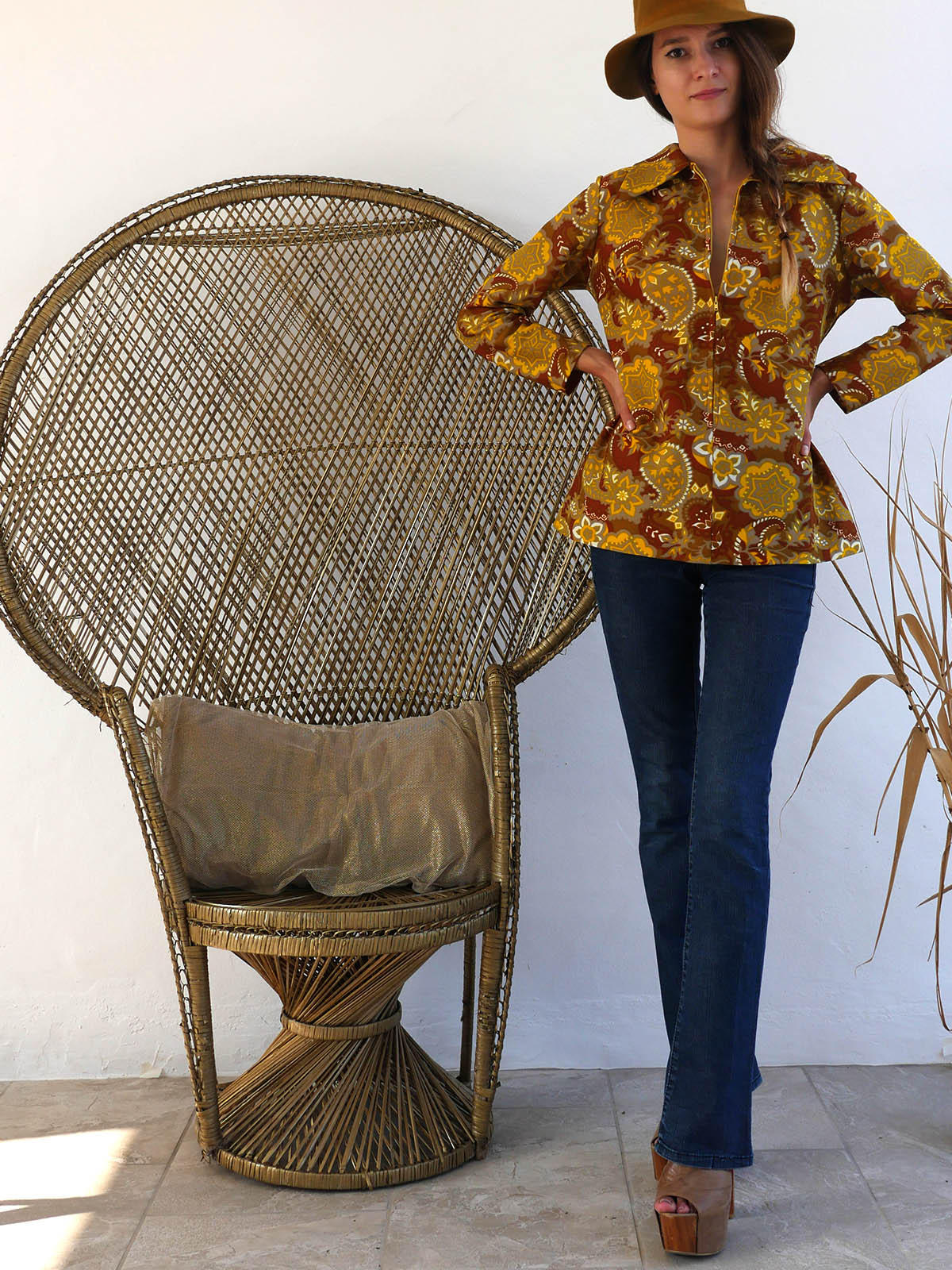 70S BROWN AND MUSTARD PAISLEY TOP