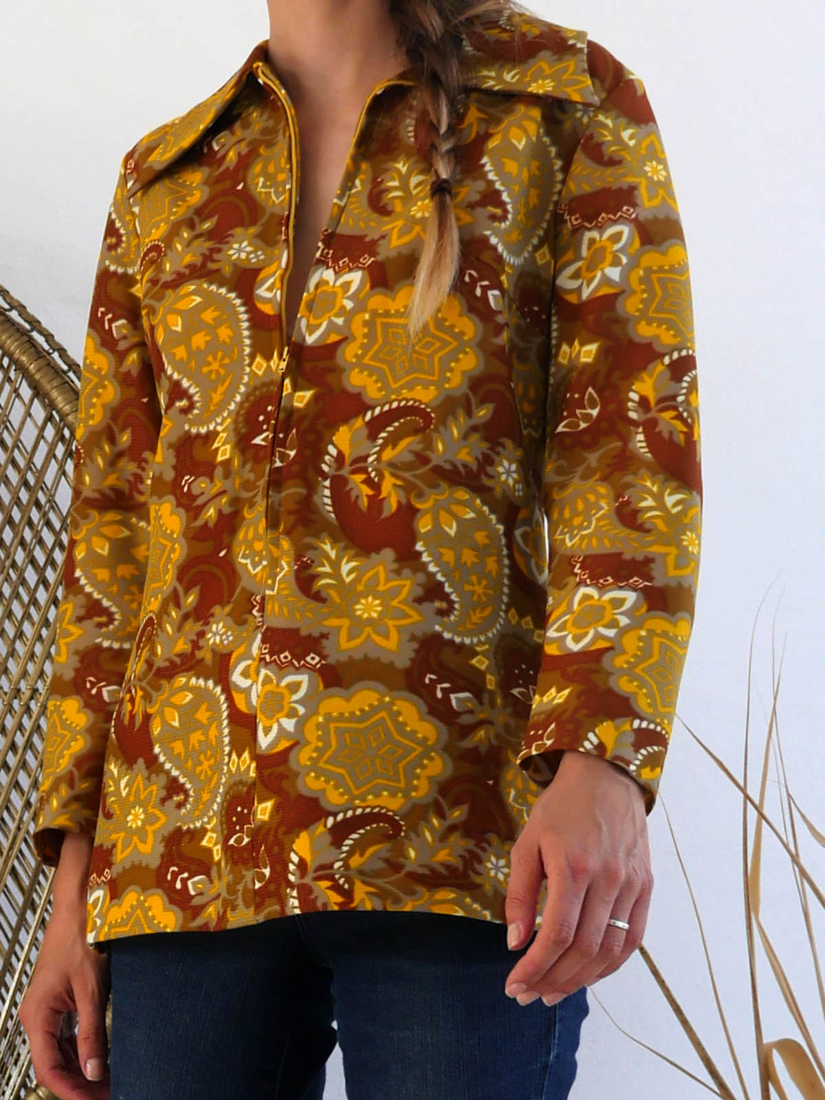 Long Sleeve Vintage Top with Mustard and Brown Paisley Print