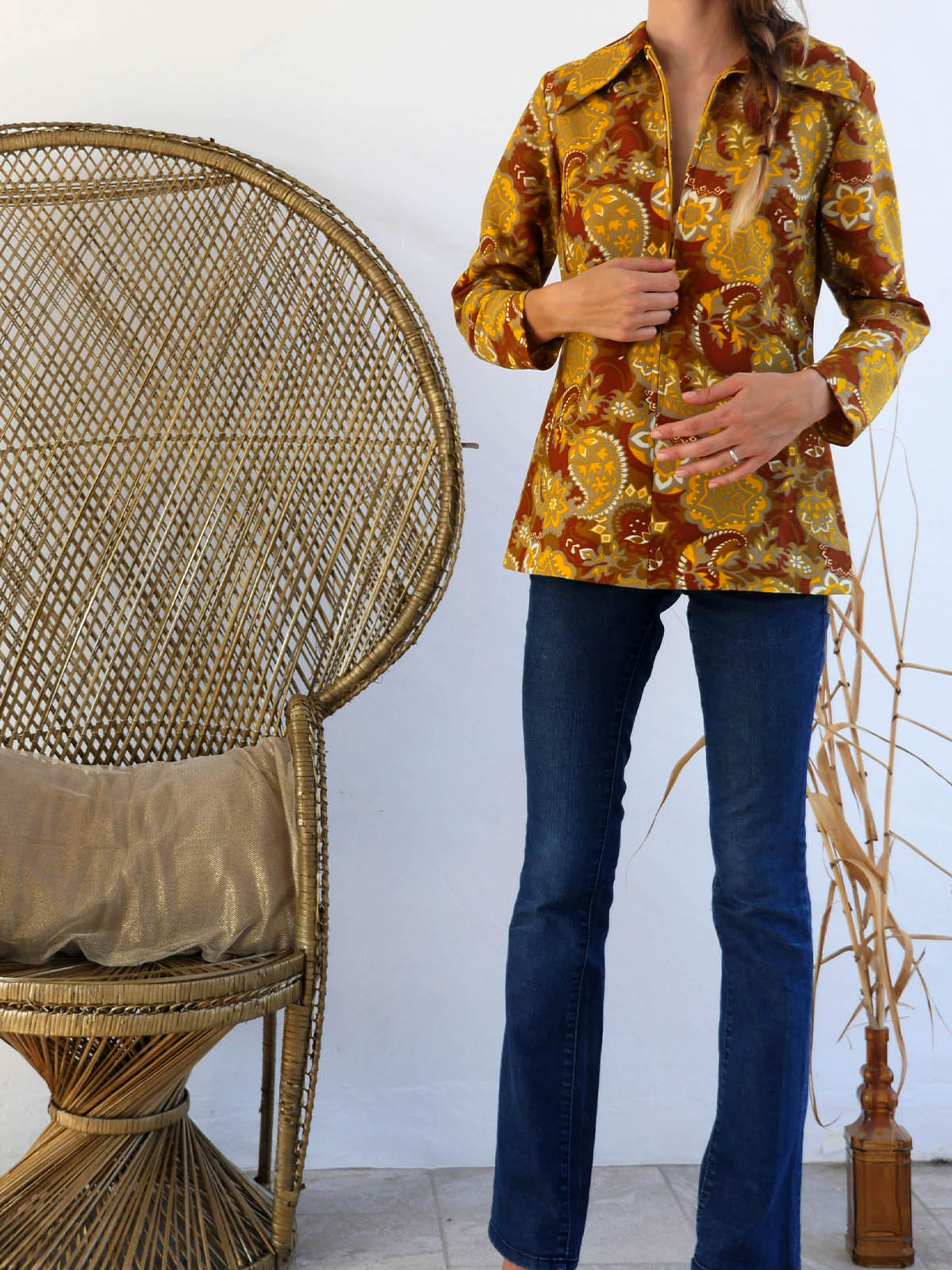 Long Sleeve Vintage Top with Mustard and Brown Paisley Print