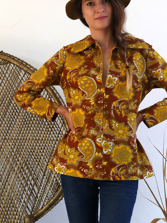 Long Sleeve Vintage Top with Mustard and Brown Paisley Print