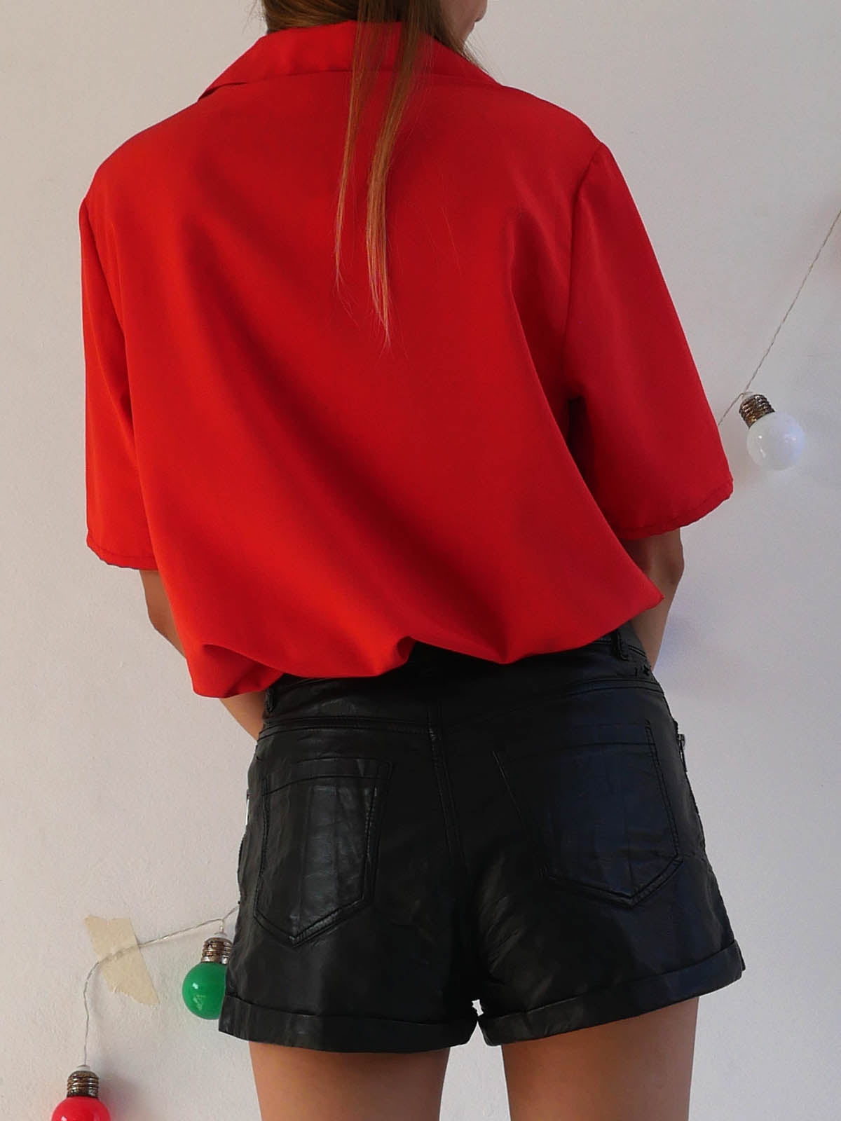 Bright Red Shirt Featuring Front Ruffle and Pointy Collar