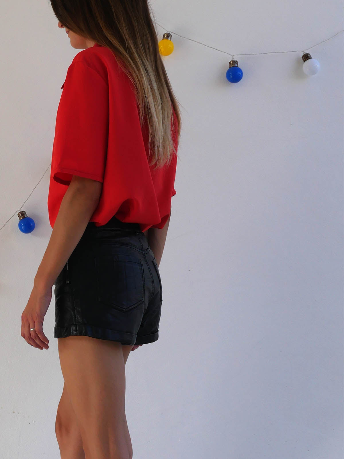 Bright Red Shirt Featuring Front Ruffle and Pointy Collar