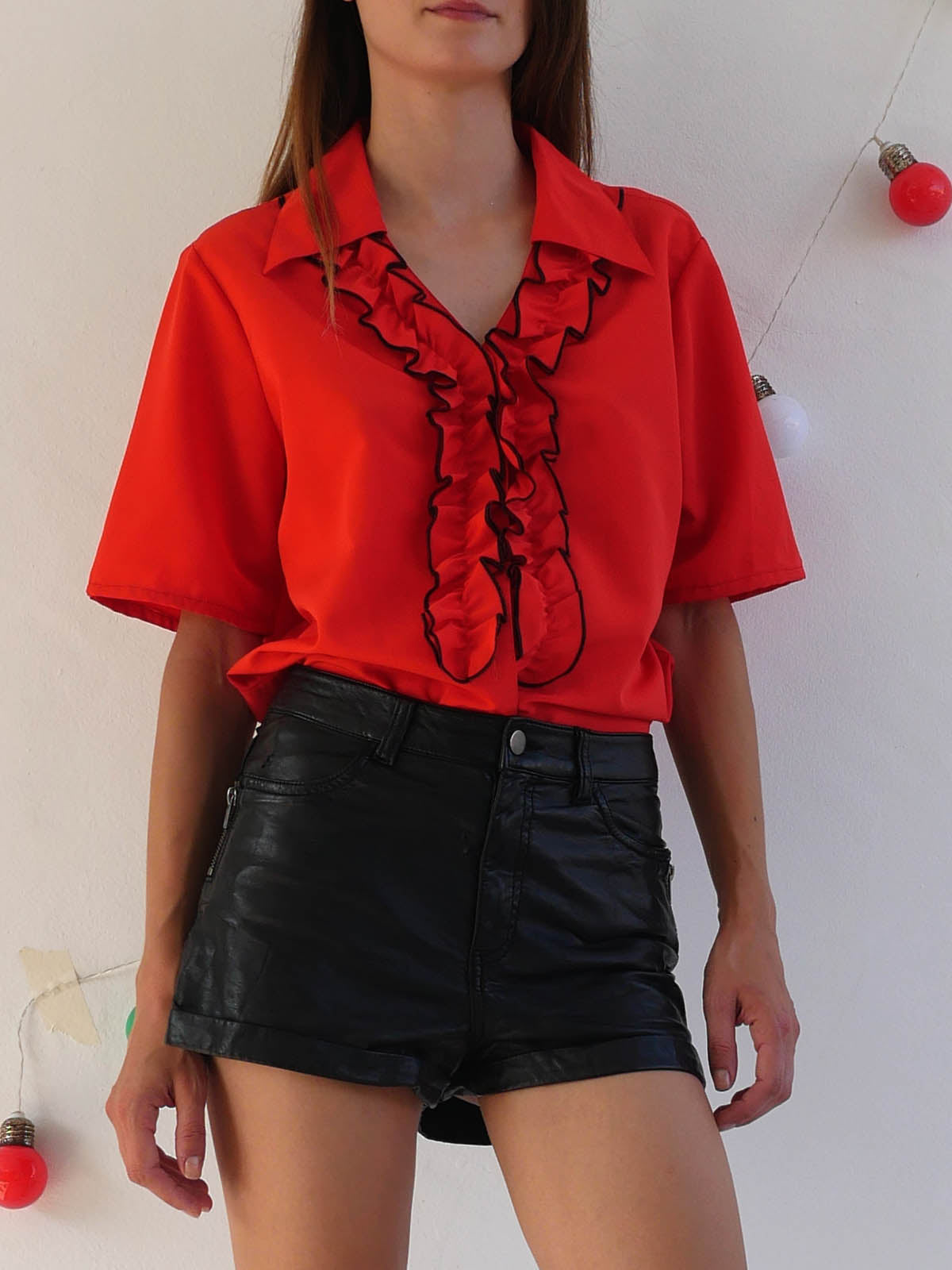 Bright Red Shirt Featuring Front Ruffle and Pointy Collar