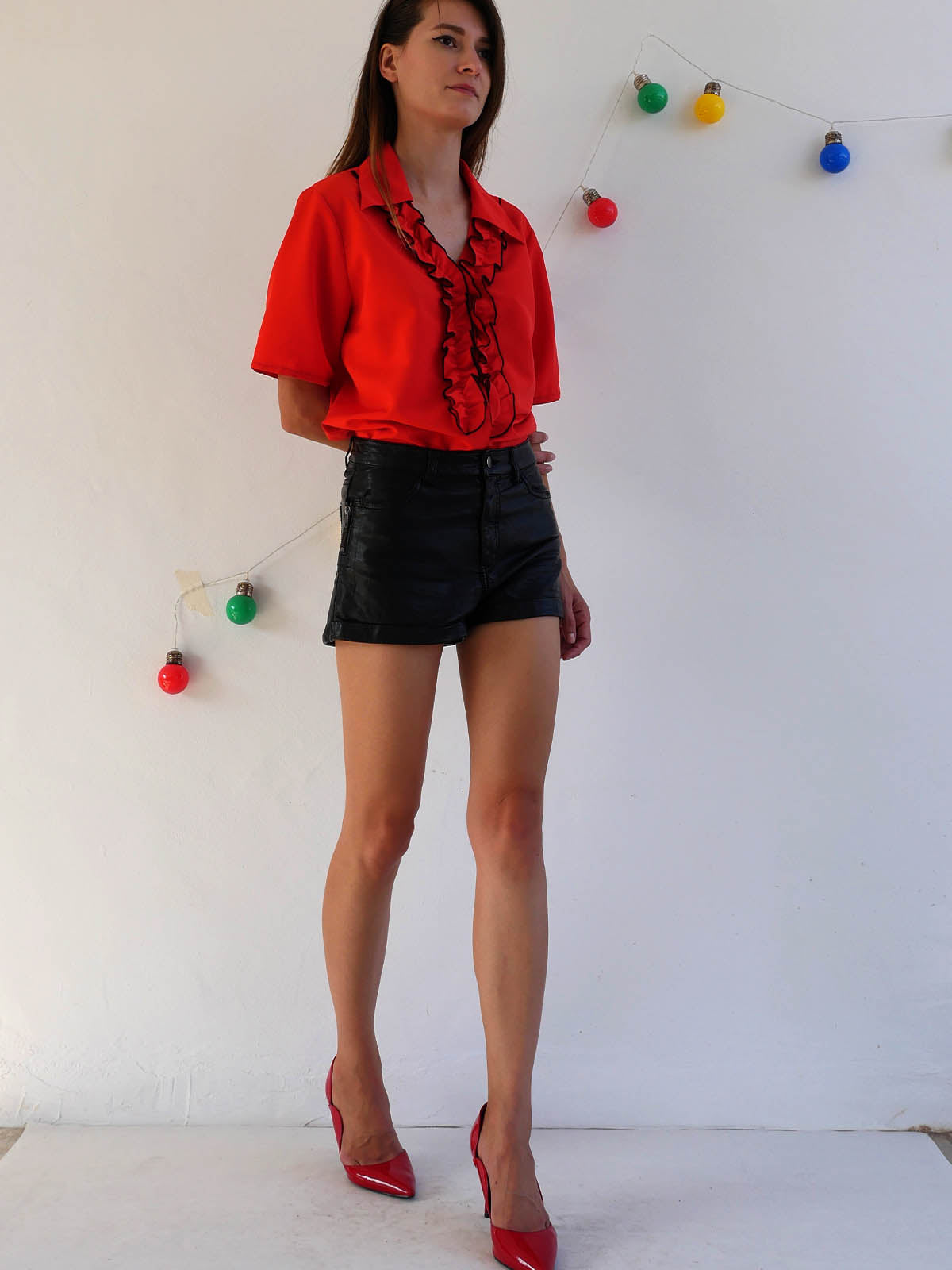 Bright Red Shirt Featuring Front Ruffle and Pointy Collar