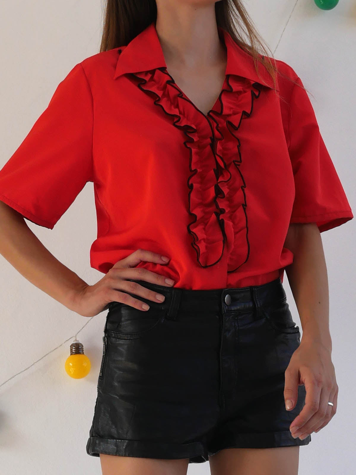 Bright Red Shirt Featuring Front Ruffle and Pointy Collar