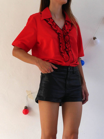 Bright Red Shirt Featuring Front Ruffle and Pointy Collar