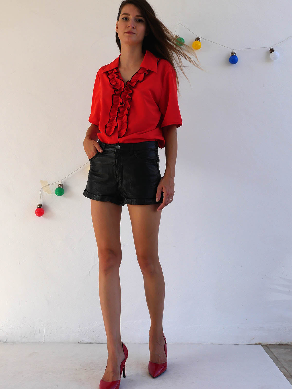 Bright Red Shirt Featuring Front Ruffle and Pointy Collar