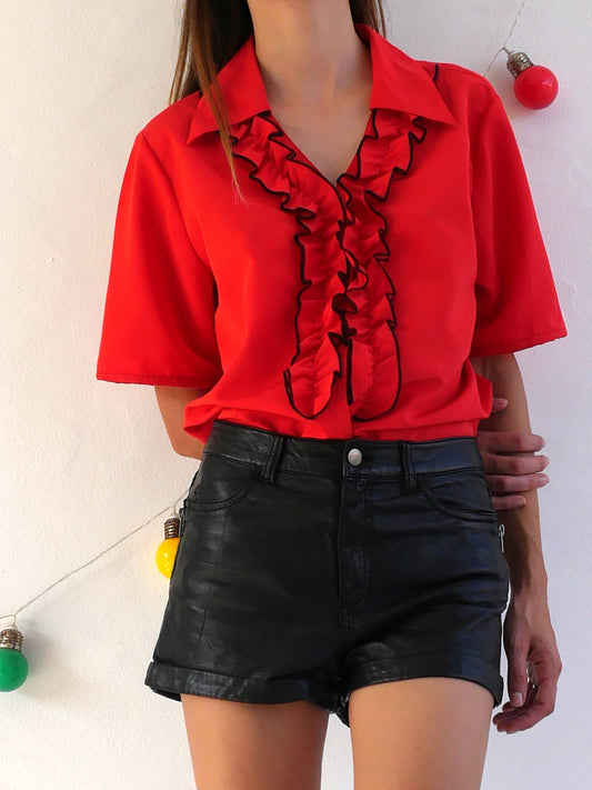 Bright Red Shirt Featuring Front Ruffle and Pointy Collar