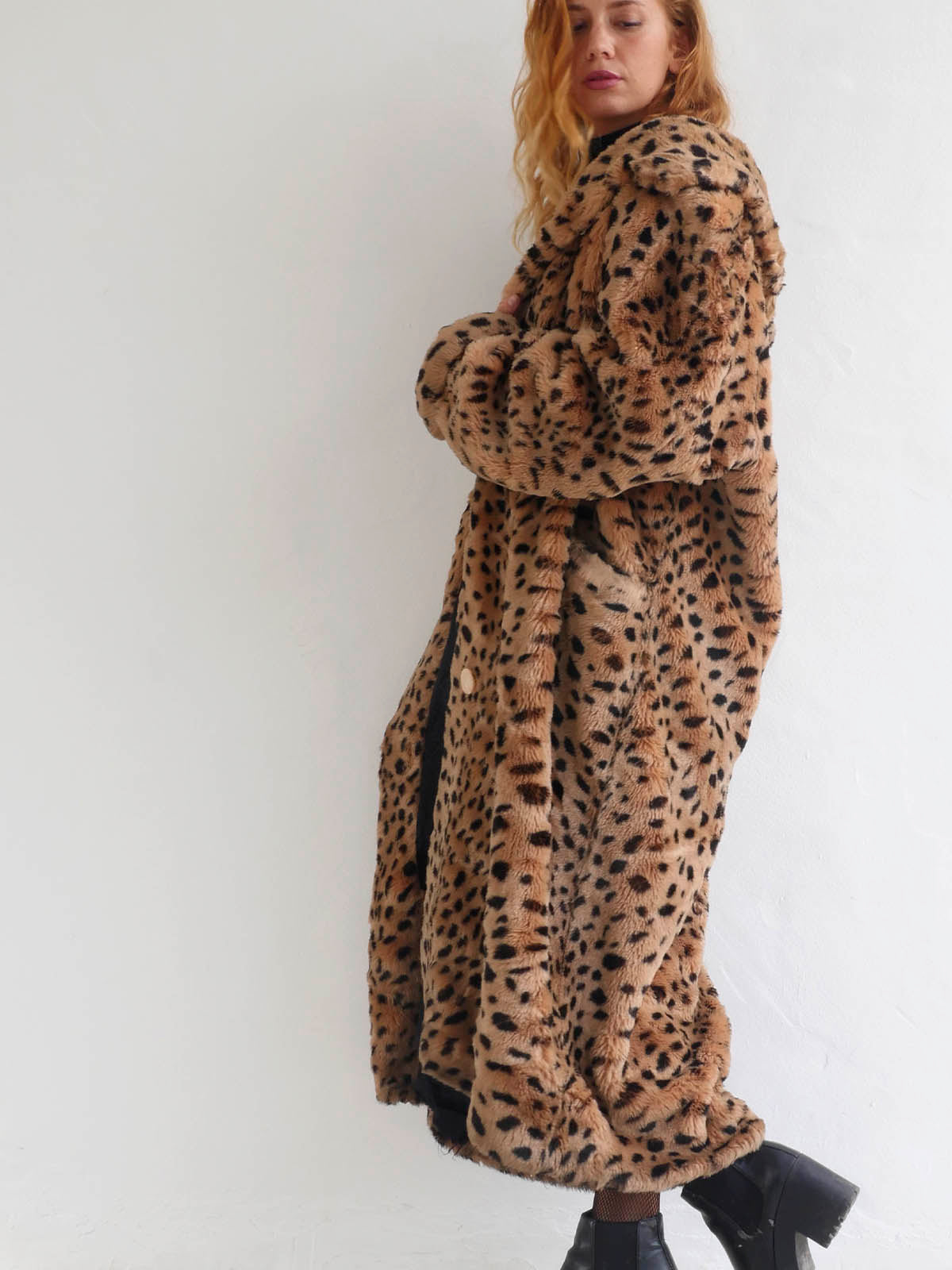 Long Oversized Leopard Print Faux Fur Coat