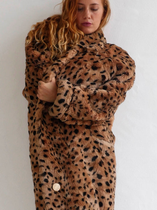 Long Oversized Leopard Print Faux Fur Coat