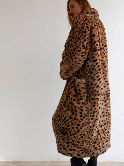 Long Oversized Leopard Print Faux Fur Coat