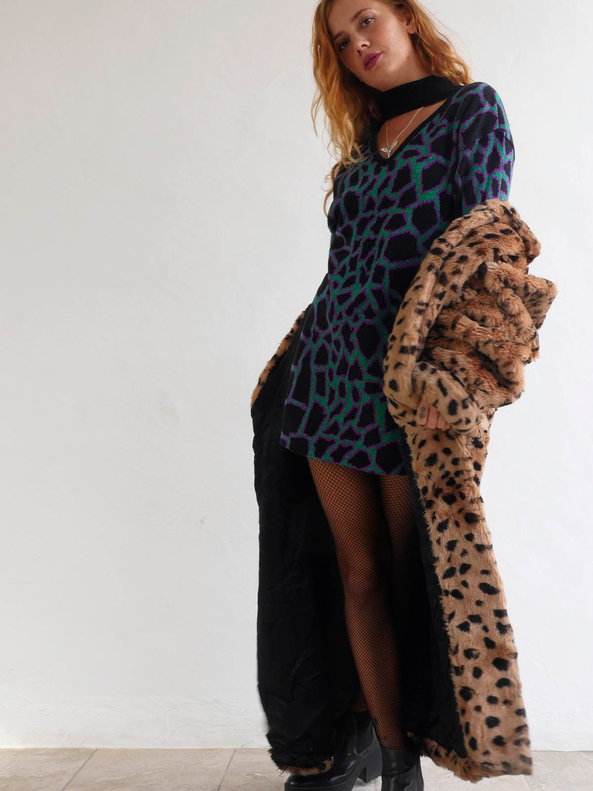 Long Oversized Leopard Print Faux Fur Coat