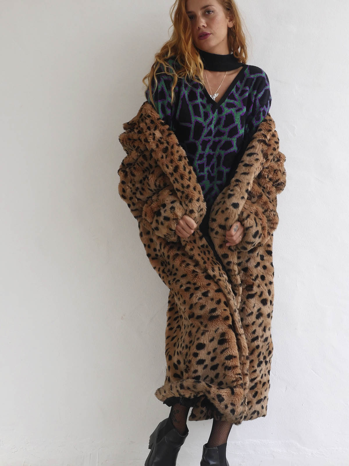 Long Oversized Leopard Print Faux Fur Coat