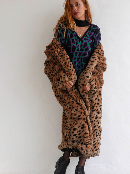 Long Oversized Leopard Print Faux Fur Coat