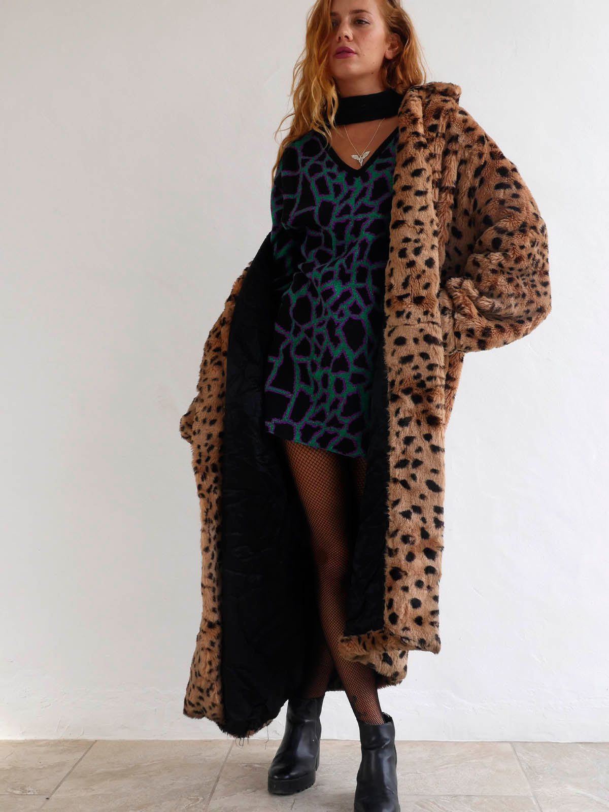 Long Oversized Leopard Print Faux Fur Coat