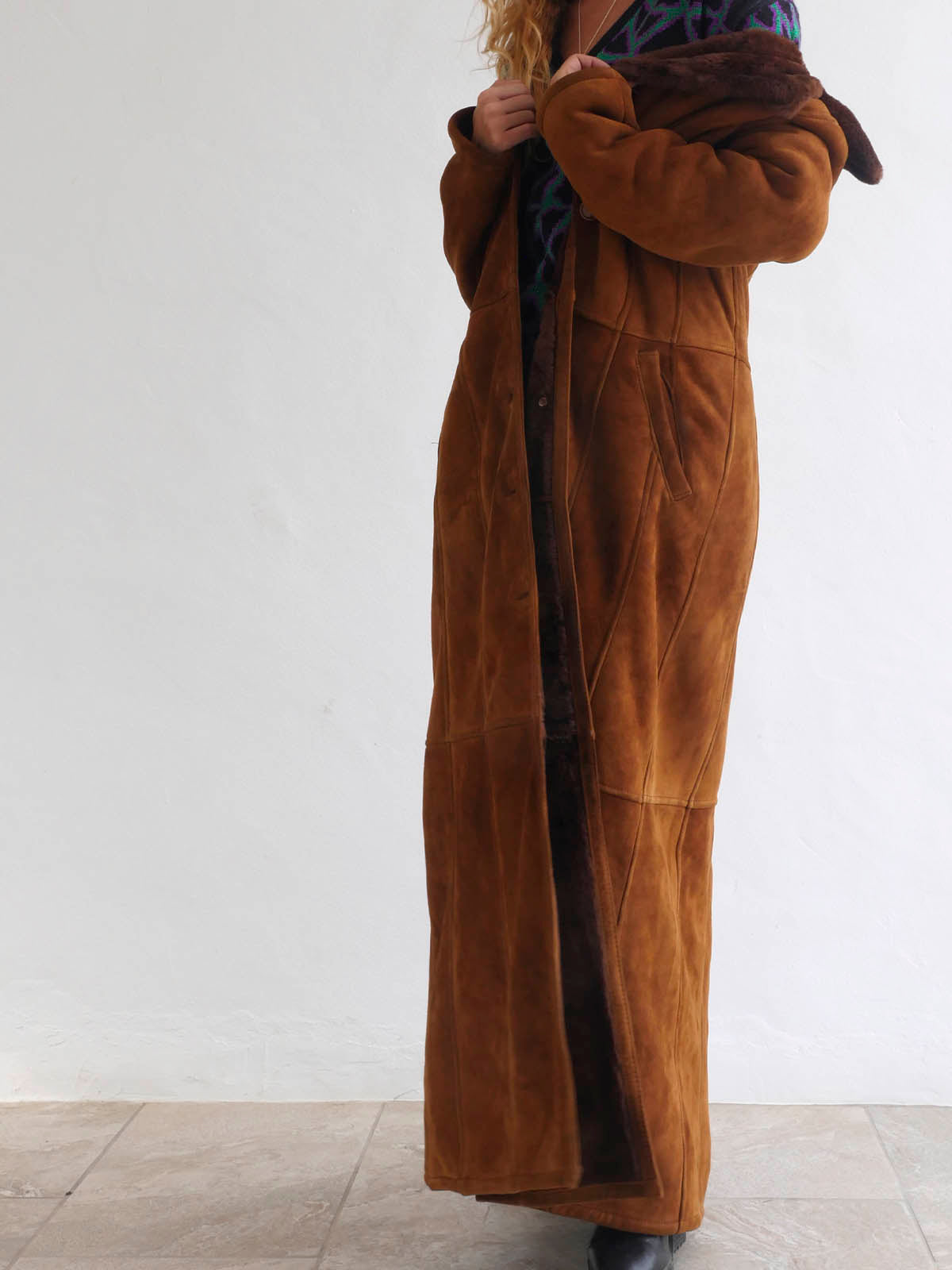 Vintage Long Brown Suede and Faux Fur Coat 