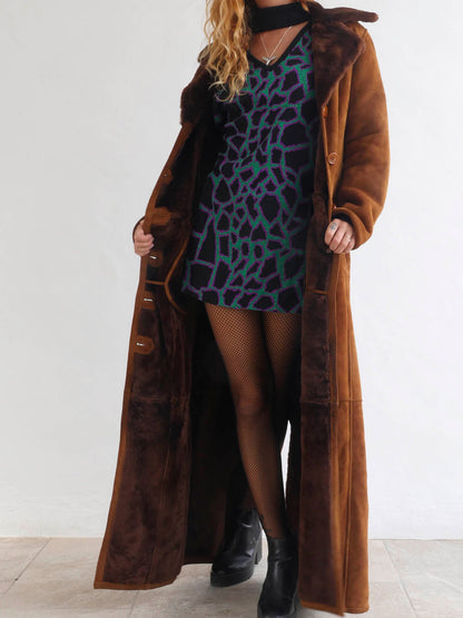 Vintage Long Brown Suede and Faux Fur Coat 