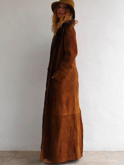 Vintage Long Brown Suede and Faux Fur Coat 