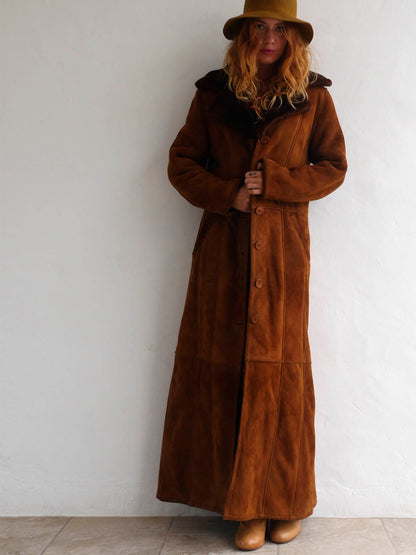 Vintage Long Brown Suede and Faux Fur Coat 